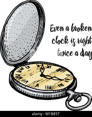 alarm clock with a quote. accessory for a man or a gentleman. engraved hand drawn in old vintage sketch. Stock Vector