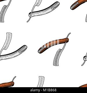 Seamless pattern. Straight razor for shaving. barbershop for men or hipster fashion. hair and beard engraved hand drawn in old vintage sketch. Stock Vector