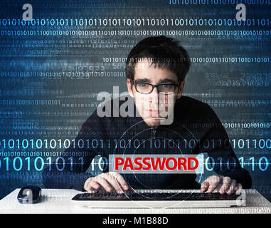Young geek hacker stealing password on futuristic background Stock Photo