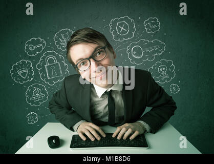 Young nerd hacker with virus and hacking thoughts on green background Stock Photo
