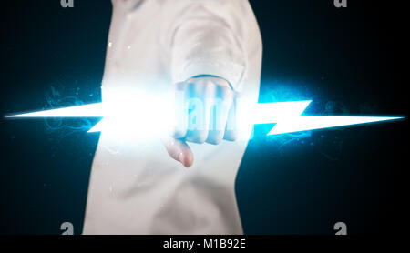 Business man holding glowing lightning bolt in his hands concept Stock ...