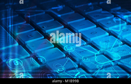 Computer keyboard with glowing cloud computing and multimedia icons Stock Photo