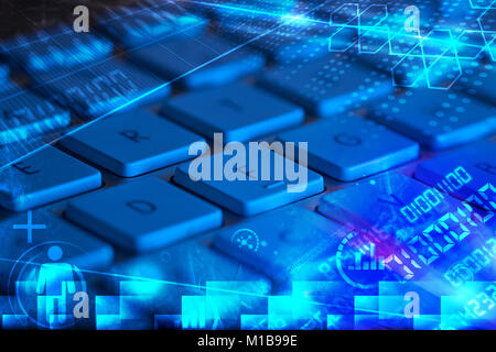 Computer keyboard with glowing codes, programming concept Stock Photo