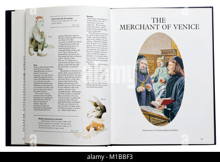 An illustrated book of Shakespeare's plays open at The Merchant of Venice Stock Photo