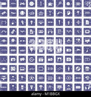 100 video icons set grunge sapphire Stock Vector