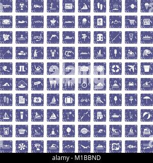 100 water recreation icons set grunge sapphire Stock Vector