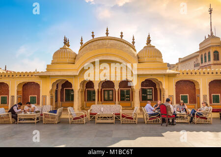 City Palace Jaipur Rajasthan - Ancient Rajput architecture with view of courtyard and sitting arrangements for tourists. Stock Photo