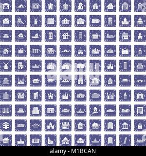 100 building icons set grunge sapphire Stock Vector