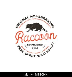 Wild animal badge with Raccoon and typography elements. Beer Logo template for brewing company. Stock vector beer house label, emblem with letterpress effect. Isolated on white Stock Vector
