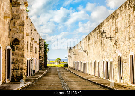 La Cabana inner yard fortress walls with blue sky and clouds, Havana, Cuba Stock Photo