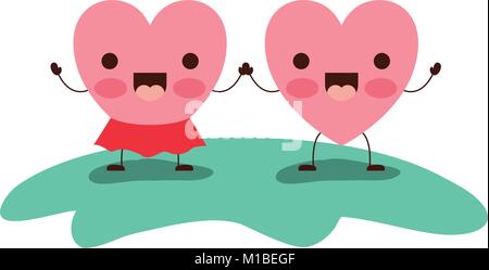 couple heart character kawaii holding hands and her with skirt in jolly expression in colorful silhouette Stock Vector