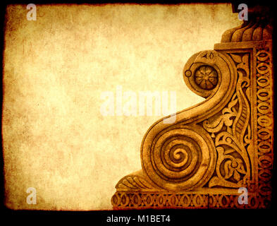 Grunge background with paper texture and detail of an ancient ornamental carved stone ornament in the Moroccan style, Rabat, Morocco, North Africa Stock Photo