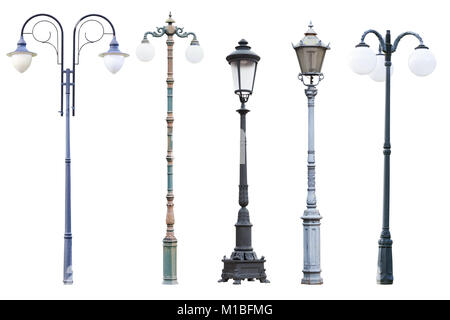 Real vintage street lamp posts and lanterns, set of five outdoor lamp posts isolated on white background Stock Photo