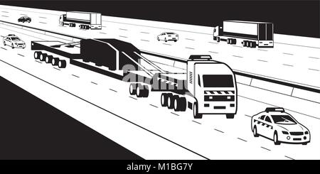 Heavy duty truck with pilot cars on highway - vector illustration Stock Vector