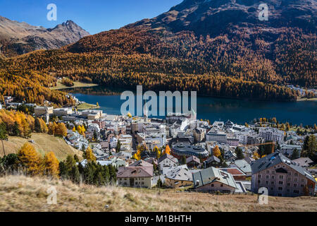 Fall foliage color and the luxury resort town of St. Moritz, Switzerland, Europe. Stock Photo