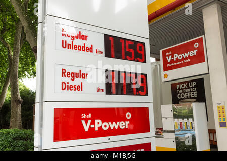 Fuel price display at Shell's petrol station, London, UK Stock Photo