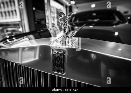 BERLIN - DECEMBER 21, 2017: Showroom. The emblem 'Spirit of Ecstasy' of a full-size luxury car Rolls-Royce Phantom VII. Since 2003. Black and white. Stock Photo