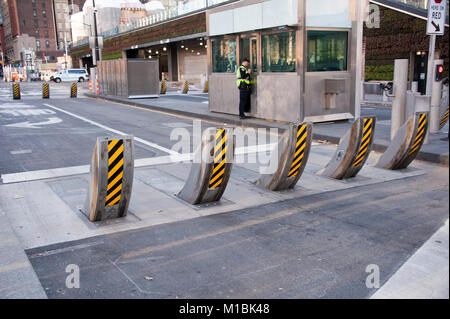 Police booth with barriers at the World Trade Center in New York City Stock Photo