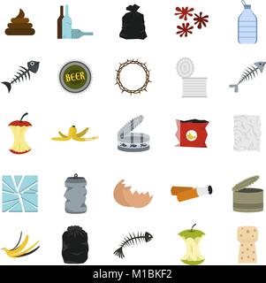 Garbage icon set, flat style Stock Vector