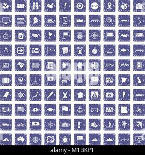 100 cartography icons set grunge sapphire Stock Vector