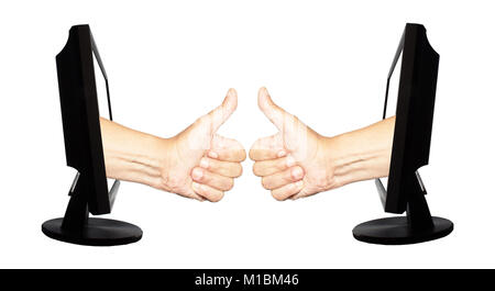 Virtual number one with two hands in displays on the white background - internet business concept - teamwork success Stock Photo