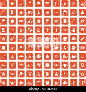 100 christmas icons set grunge orange Stock Vector