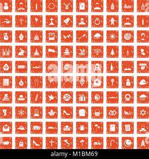 100 church icons set grunge orange Stock Vector