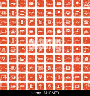 100 city icons set grunge orange Stock Vector