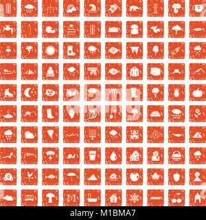 100 clouds icons set grunge orange Stock Vector