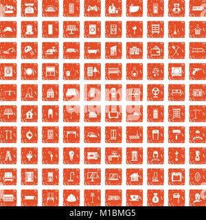 100 comfortable house icons set grunge orange Stock Vector
