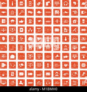 100 communication icons set grunge orange Stock Vector