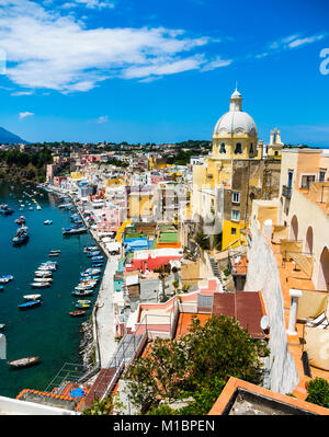 View of the island of Procida with its colourful houses, harbour and the Marina di Corricella, island of Procida Stock Photo