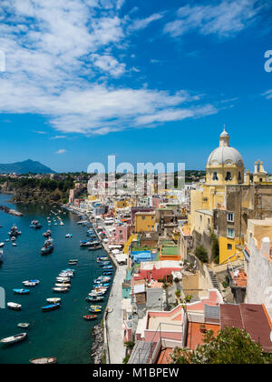 View of the island of Procida with its colourful houses, harbour and the Marina di Corricella, island of Procida Stock Photo
