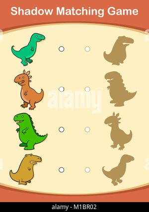Cute educational cartoon dinosaur shadow matching game or puzzle for kindergarten kids with four colorful dinosaurs and silhouette shadows, eps8 illus Stock Vector