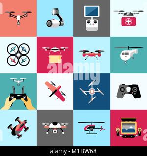 Digital vector flying drone objects color simple flat icon set collection, isolated Stock Vector