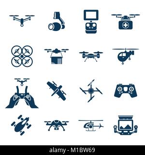 Digital vector flying drone objects color simple flat icon set collection, isolated Stock Vector