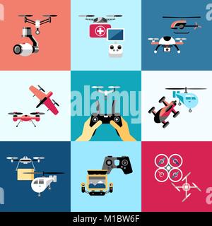 Digital vector flying drone objects color simple flat icon set collection, isolated Stock Vector