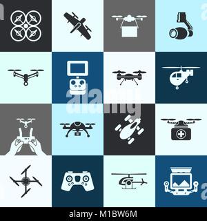 Digital vector flying drone objects color simple flat icon set collection, isolated Stock Vector