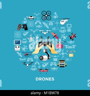 Digital vector flying drone objects color simple flat icon set collection, isolated Stock Vector