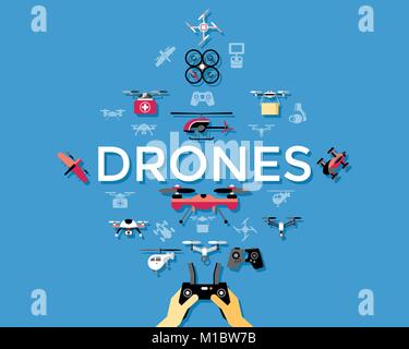 Digital vector flying drone objects color simple flat icon set collection, isolated Stock Vector