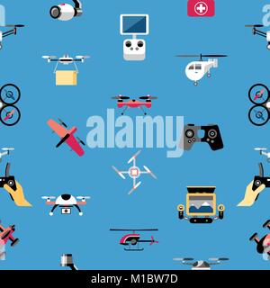 Digital vector flying drone objects color simple flat icon set collection, isolated seamless pattern Stock Vector