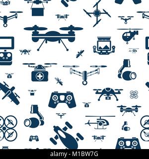Digital vector flying drone objects color simple flat icon set collection, isolated seamless pattern Stock Vector