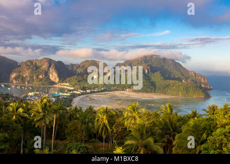 Phi Phi Island Krabi Thailand January 29, 2016 Beautiful panoramic view over Tonsai Village, Ao Tonsai, Ao Dalum, and the mountains of Koh Phi Phi Don Stock Photo