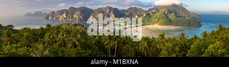 Phi Phi Island Krabi Thailand January 29, 2016 Beautiful panoramic view over Tonsai Village, Ao Tonsai, Ao Dalum, and the mountains of Koh Phi Phi Don Stock Photo