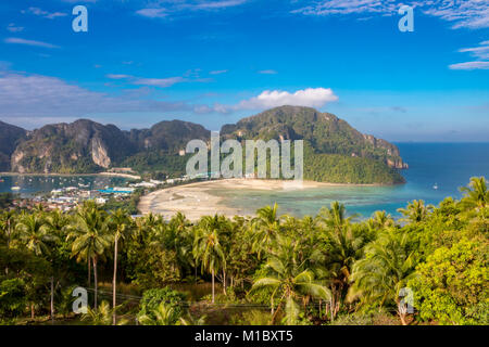 Phi Phi Island Krabi Thailand January 29, 2016 Beautiful panoramic view over Tonsai Village, Ao Tonsai, Ao Dalum, and the mountains of Koh Phi Phi Don Stock Photo