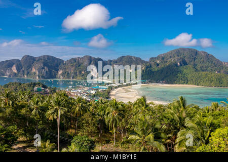 Phi Phi Island Krabi Thailand January 29, 2016 Beautiful panoramic view over Tonsai Village, Ao Tonsai, Ao Dalum, and the mountains of Koh Phi Phi Don Stock Photo