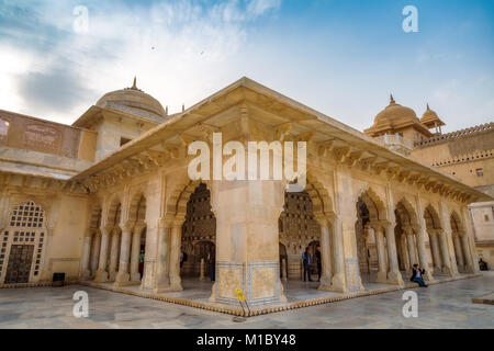 Amber Fort Jaipur Rajasthan Sheesh Mahal architecture structure constructed with white marble. Amer Fort is a UNESCO World Heritage site. Stock Photo
