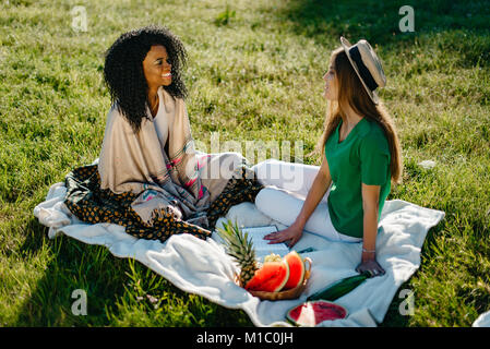 Beautiful two multi-race female friends are happily talking on a picnic in the park. Stock Photo