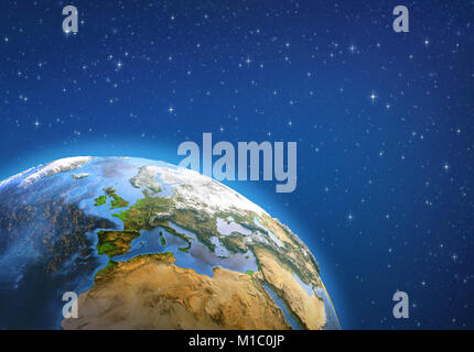 Planet Earth in deep space, focused on Western Europe. 3D illustration - Elements of this image furnished by NASA. Stock Photo