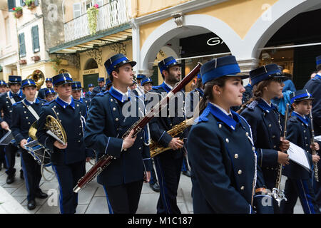 CORFU, GREECE - APRIL 29, 2016: Philharmonic musicians playing in Corfu Easter holiday celebrations. Corfu has a great tradition in music, with 18 phi Stock Photo